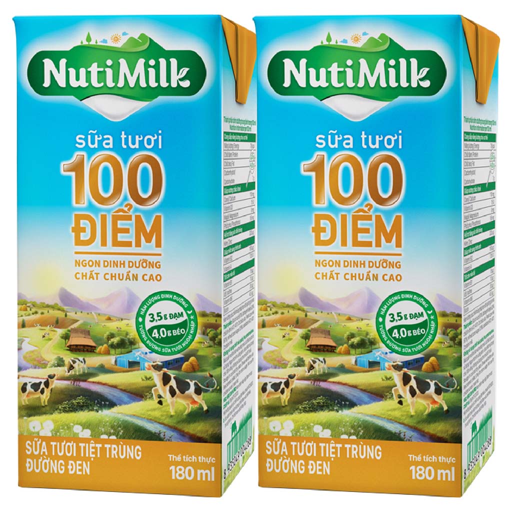 2 Hộp Sữa Tươi Tiệt Trùng 100 Điểm Đường Đen Nutimilk 180ml