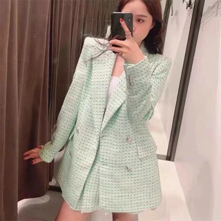 Set blazer & chân váy dạ xanh mint Zara