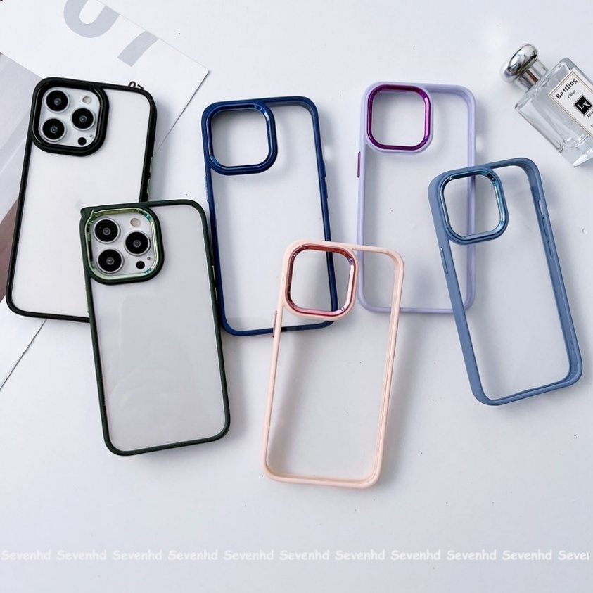 Ốp Điện Thoại Acrylic Chống Sốc Viền Mạ Màu Tím Đậm Cho iPhone 14 13 12 11 Pro Max X XR Xs Max 8 7 6 6s Plus SE 2020