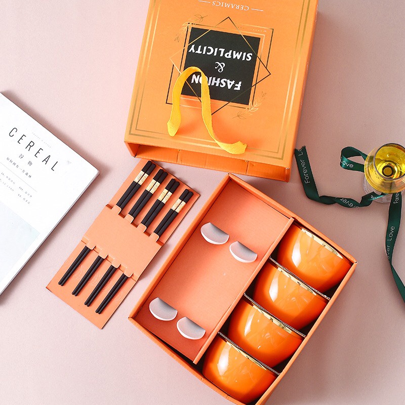 Bộ Bát Sứ Quà Tặng Chén Dĩa Sứ Viền Vàng Cao Cấp Phong Cách Bắc Âu(CHỌN NHIỀU MÀU)