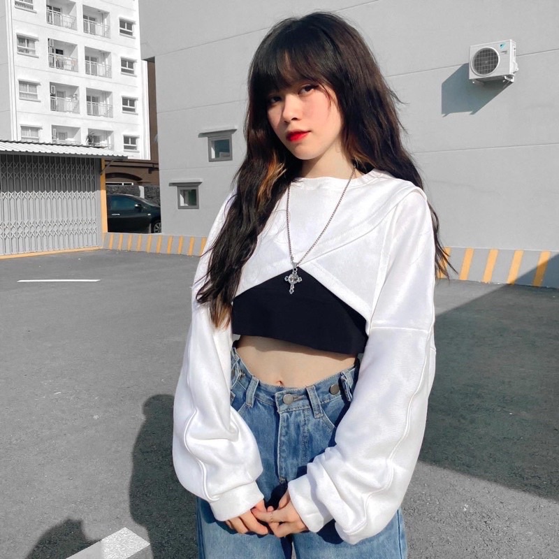 [ TẶNG KÈM BRA] Áo Croptop Tay Dài Form Rộng Nữ Ullzang, Set Áo Croptop 2 Món Đắp Chéo Unisex