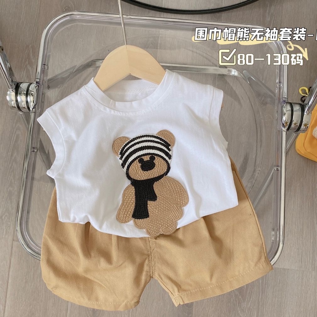 Bộ Áo Thun 100% Cotton Sát Nách + Quần Short Họa Tiết Hoạt Hình Thời Trang Mùa Hè Cho Bé Trai