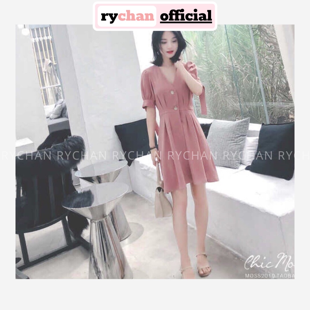 DX821 - Đầm Xòe Hồng Xếp Li Cổ V Tay Nơ