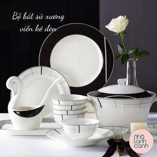 Bộ chén dĩa, bộ bát đĩa sứ xương trắng viền kẻ đen cách điệu cho 6-12 người - phụ kiện bàn ăn và quà tặng tân gia