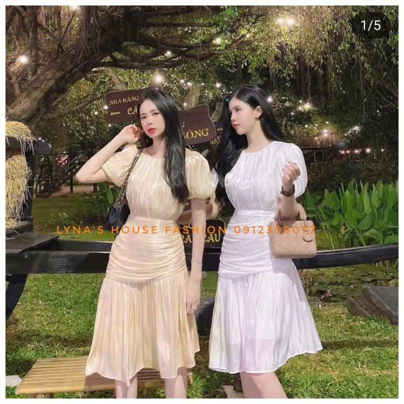 Đầm Nữ Váy Tay Phồng Tiểu Thư 🌸 FREESHIP 🌸 Cổ Tròn Eo Nhún Xếp Ly Đuôi Cá Dự Tiệc Cưới, Dạo Phố Thời Trang Nữ LH125
