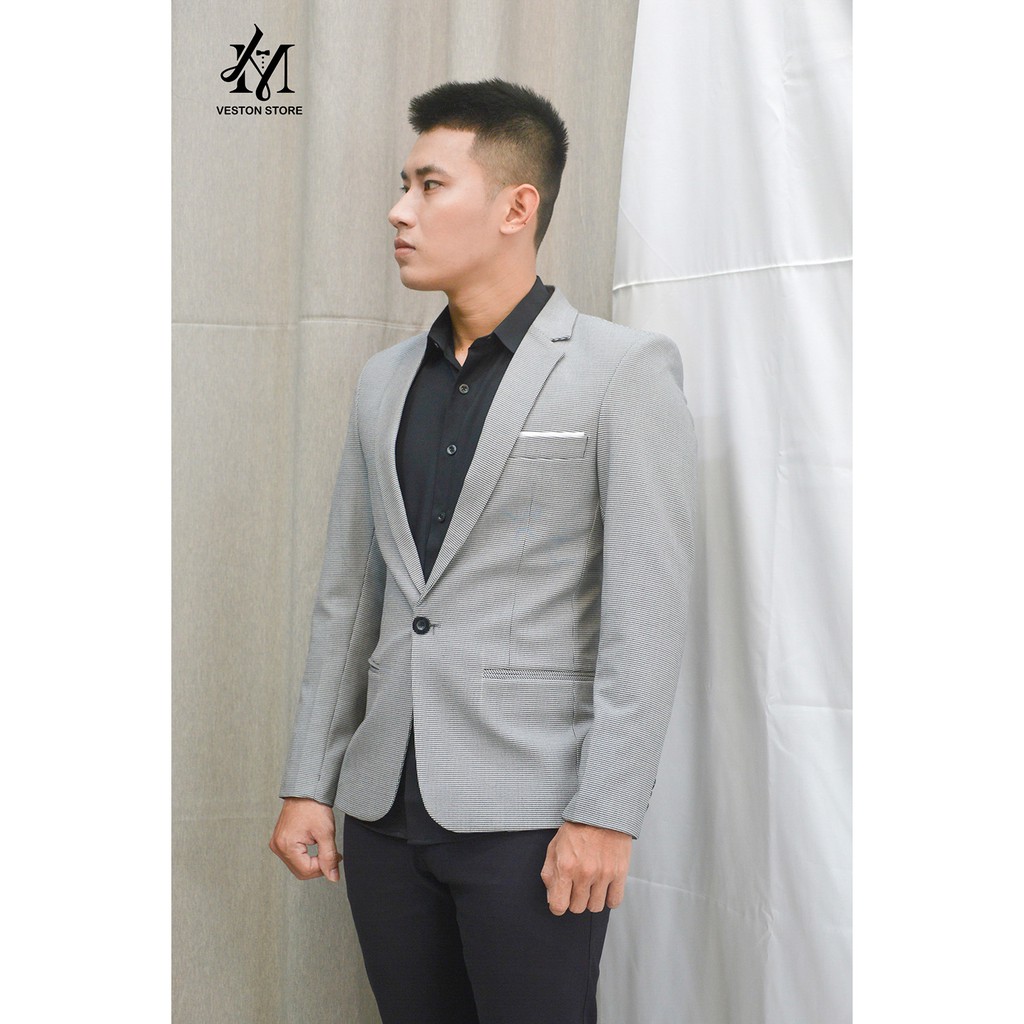 Bộ vest nam tông xám ghi chấm đen nhuyễn chất liệu vải cao cấp dày mịn co giãn tặng combo phụ kiện
