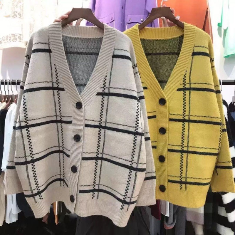 Áo Khoác Cardigan Dệt Kim Cổ Chữ V Dáng Rộng Kẻ Sọc Kiểu Retro Xinh Xắn