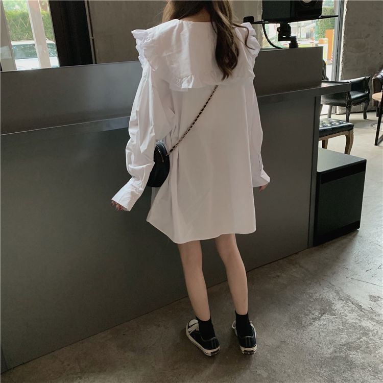 Early Spring 2021 New Korean Temperament Doll Collar Lace Up Medium Length White Shirt Women's Design Sense Niche Top[delivery Within 5 Days]