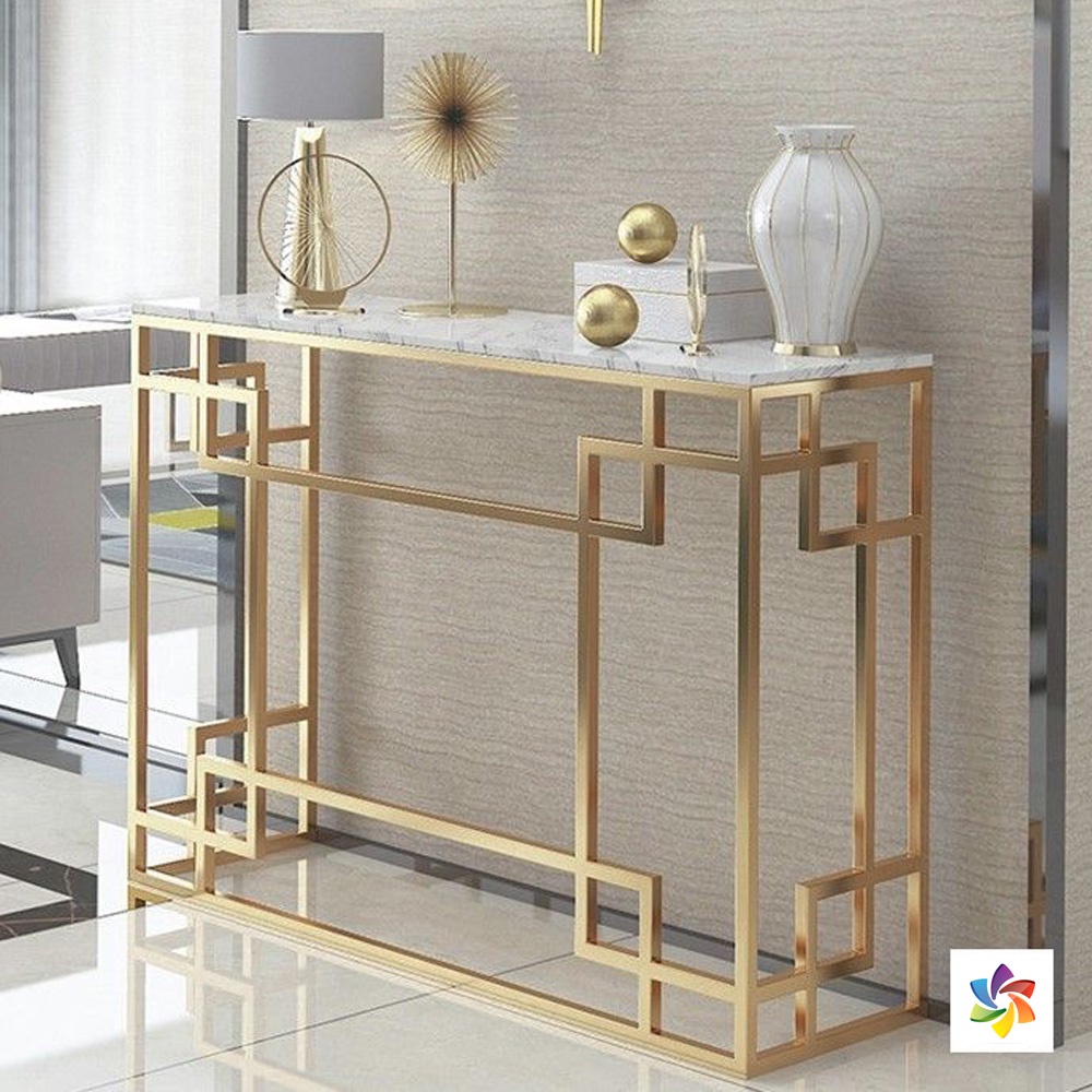 Bàn console trang trí phòng khách hiện đại IBIE AK005 khung sắt sơn tĩnh điện, mặt đá vân mây, tùy chọn màu sắc