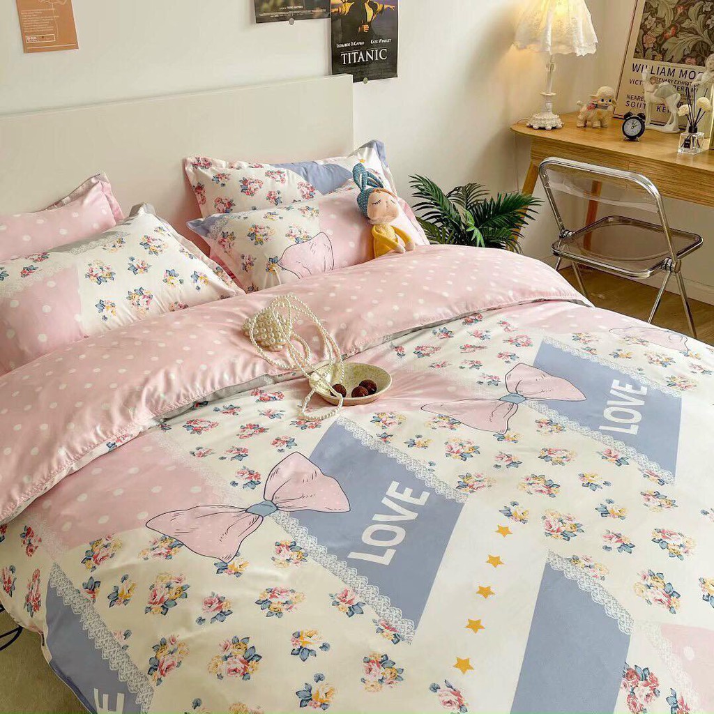 Bộ chăn ga gối Poly Cotton Hoa hồng love lãng mạn (Tặng vỏ gối ôm) - Miễn phí bo chun mọi kích thước