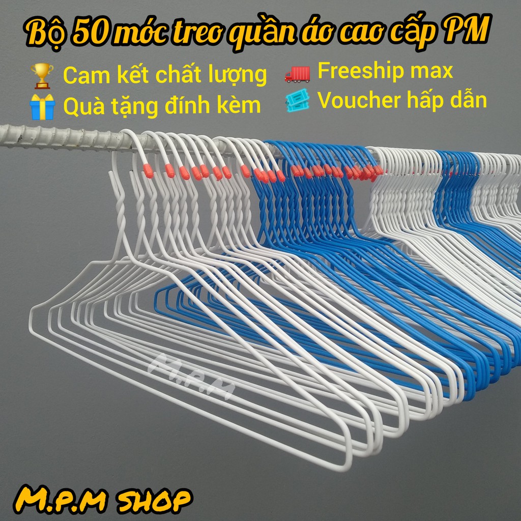 Combo 50 Móc áo cao cấp PM - loại dày  Móc áo thép phủ nhựa PP chống ăn mòn.