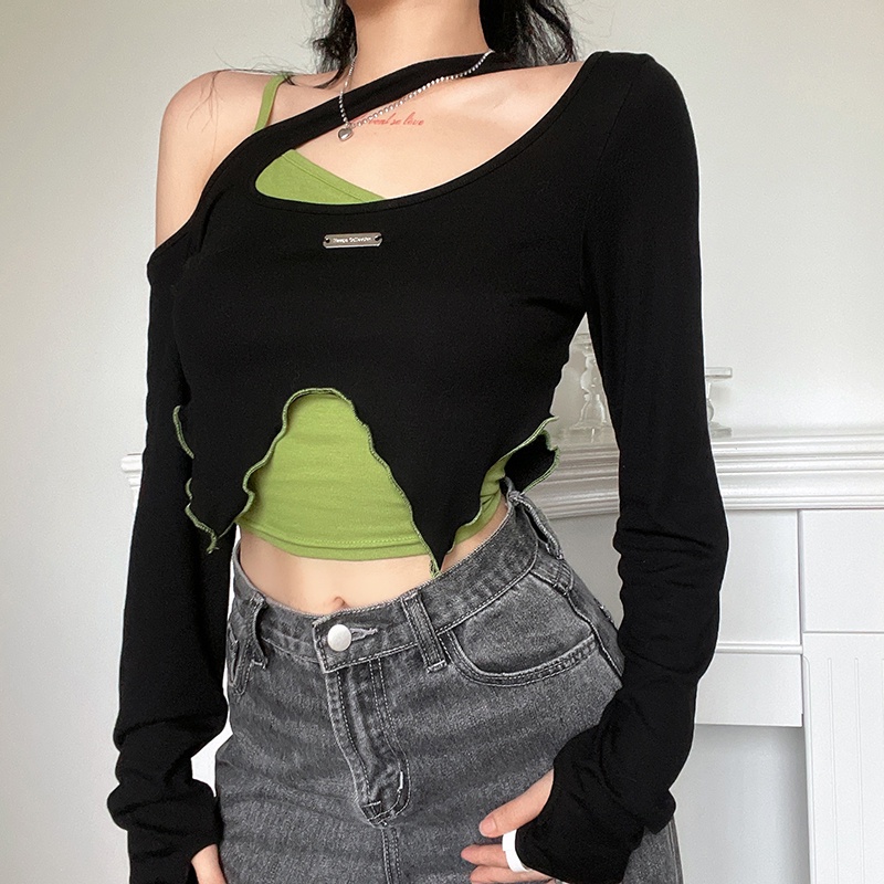 Set áo thun tay dài trễ vai phối áo hai dây độc đáo cá tính thời trang mùa thu cho nữ