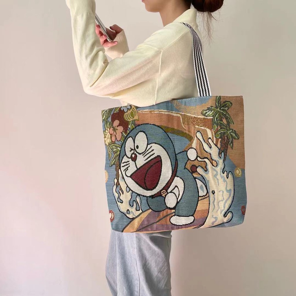 Túi tote vải canvas Hàn Quốc thêu họa tiết hoạt hình sức chứa lớn có khóa kéo và ngăn bên trong cho nữ