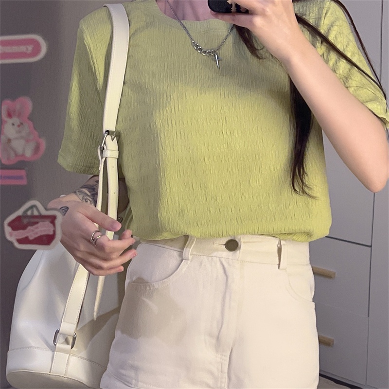 Áo thun SUXI cổ tròn ngắn tay màu trơn đơn giản cho nữ