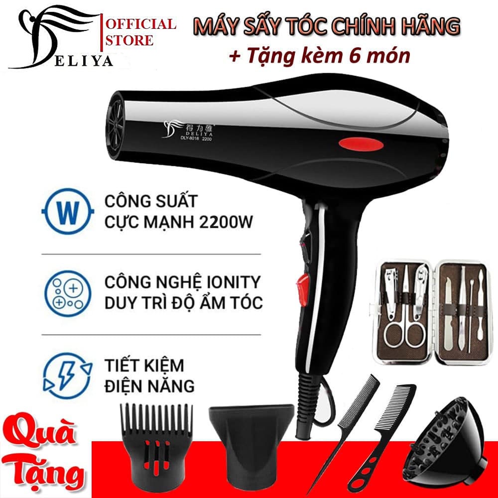 Máy Sấy Tóc Deliya 8018 Công Suất 2200W Có 3 Chiều Nóng, Vừa, Mát, Tặng Kèm 5 Phụ Kiện Tạo Kiểu Tóc