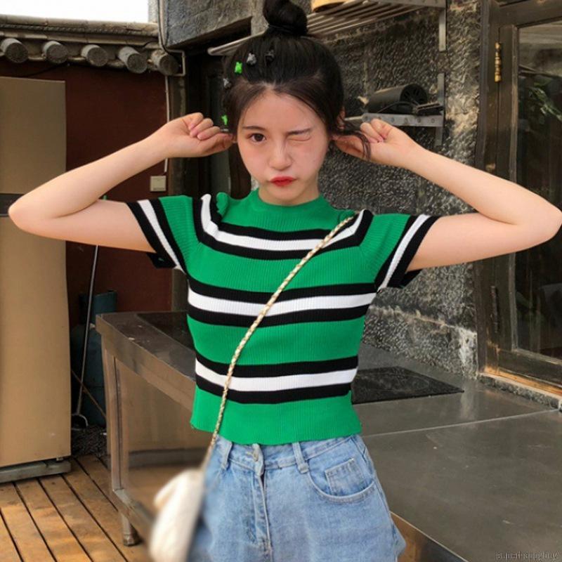 Áo Thun Ngắn Tay Sọc Ngang Xinh Xắn Cho Nữ