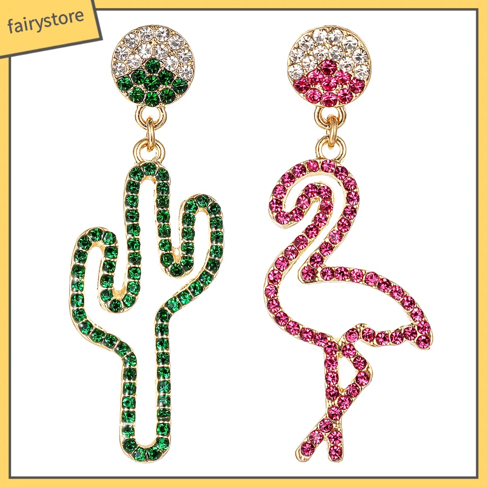 Đôi khuyên tai dài hình hồng hạc và cây xương rồng đính đá thời trang cho nữ