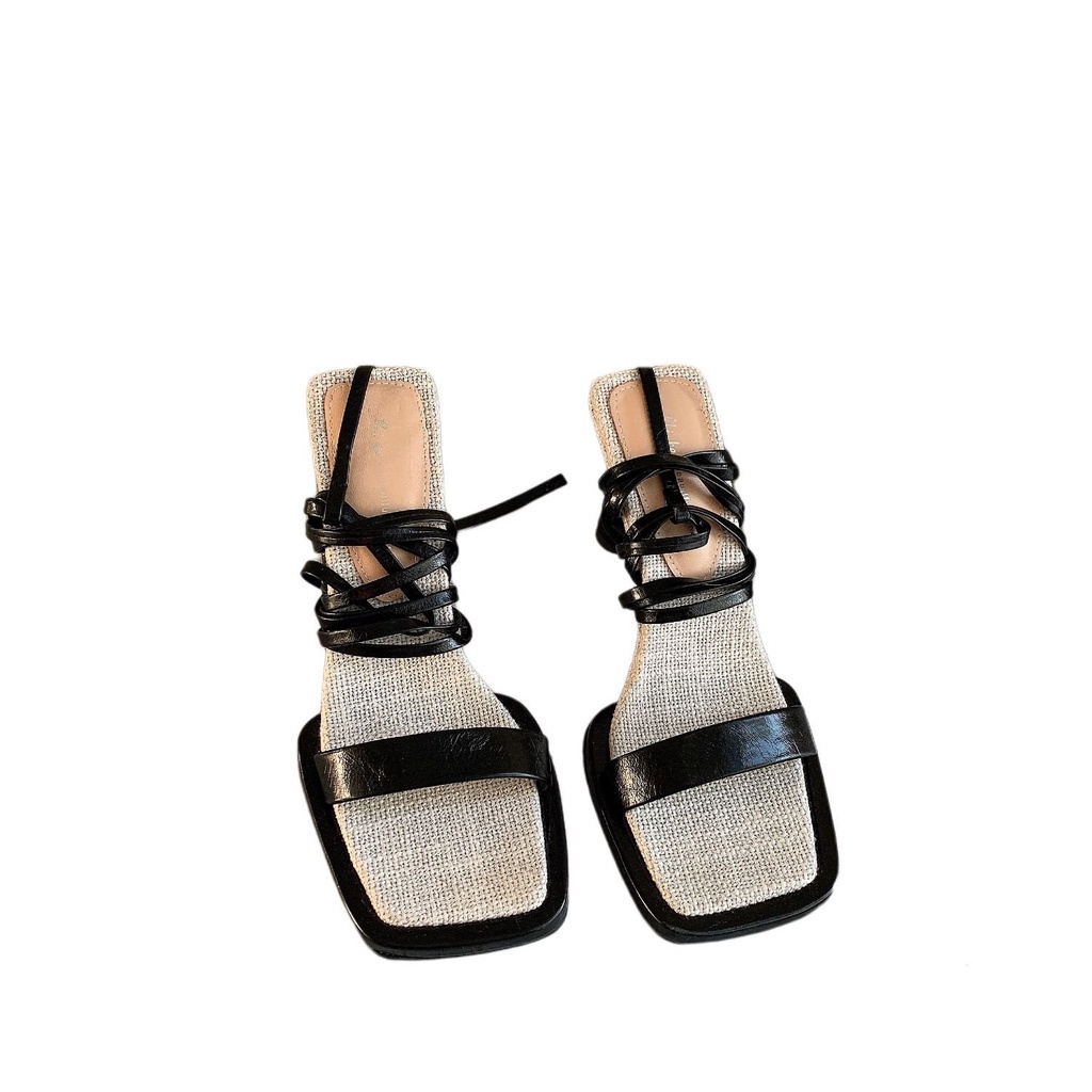 Đôi giày cao gót mũi vuông bằng vải lanh thời trang mùa hè cho nữ 2021