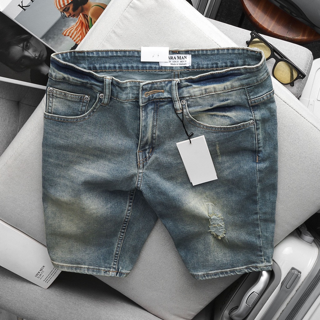 Quần Short Jean Bò Nam co giãn màu rêu bụi wash chất co giãn hàng xuất khẩu xịn
