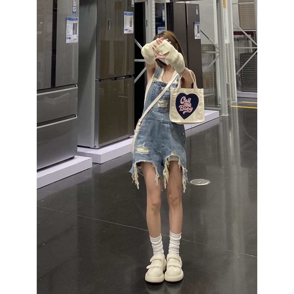 Áo liền quần XIAOZHAINV denim ngắn phối túi phong cách vintage thời trang mùa hè cho nữ