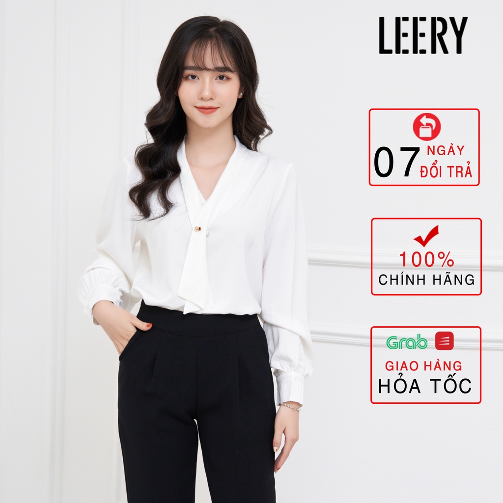 Áo sơ mi công sở nữ LEERY dài tay kiểu Hàn Quốc form rộng đính ngọc chất lụa cao cấp màu Trắng Đen SM-04