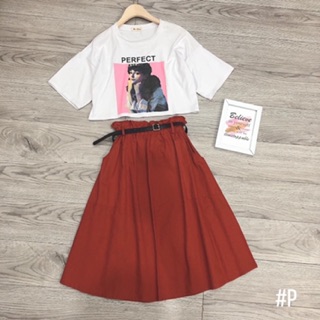 Set Áo croptop mix Chân váy dài (2 màu ảnh thật)