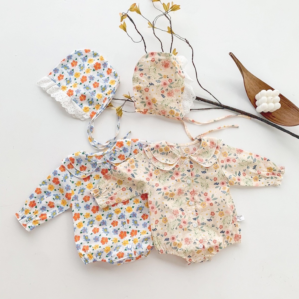 Baby Clothing for Girls Floral Long Sleeve Baby Romper with Hat 2pcs 0-24 Months Newborn Jumpsuit Bodysuit