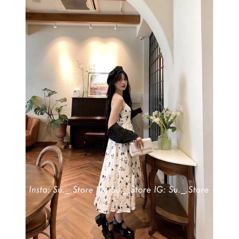Set váy babydoll dáng dài, váy đầm nữ cộc tay hoa nhí dáng suông form rộng kèm áo khoác cardigan đen đũi Wikishop C1087