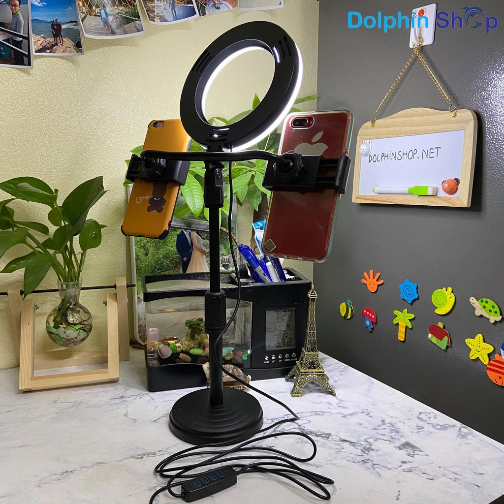 [Có Clip] Đèn Livestream Để Bàn Size 16cm Kèm Giá Đỡ 2 Điện Thoại Cùng Lúc | BigBuy360 - bigbuy360.vn