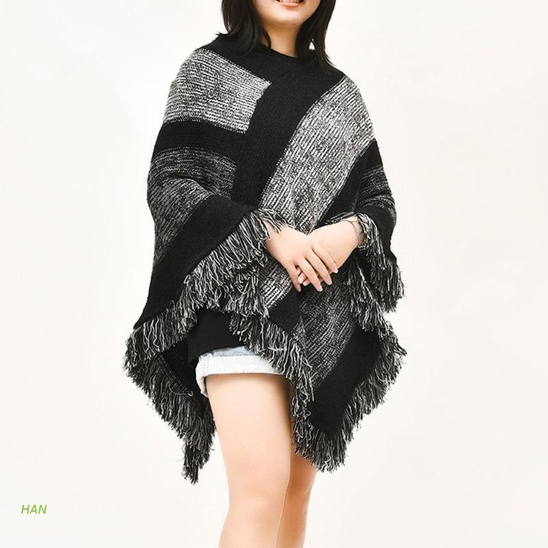 Áo Choàng Len Chui Đầu Họa Tiết Kẻ Sọc Phối Tua Rua Màu Sắc Dân Tộc Cho Nữ