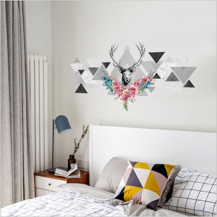 Decal dán tường phòng khách 3D sừng hươu trắng đen - decan cao cấp có keo sẵn cắt sẵn bóc dán ngay tại nhà