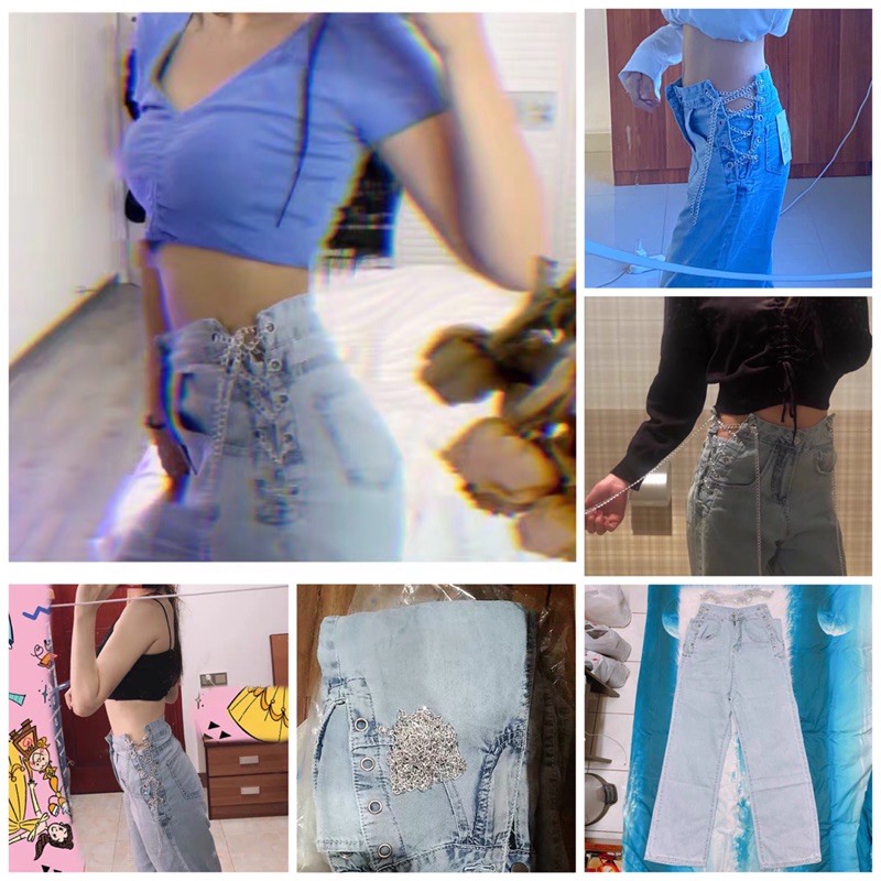 ULZZANG (SẴN) Quần jeans ulzzang ống rộng đan xích style NGỌC TRINH 2020 KÈM 3 ẢNH THẬT CUỐI