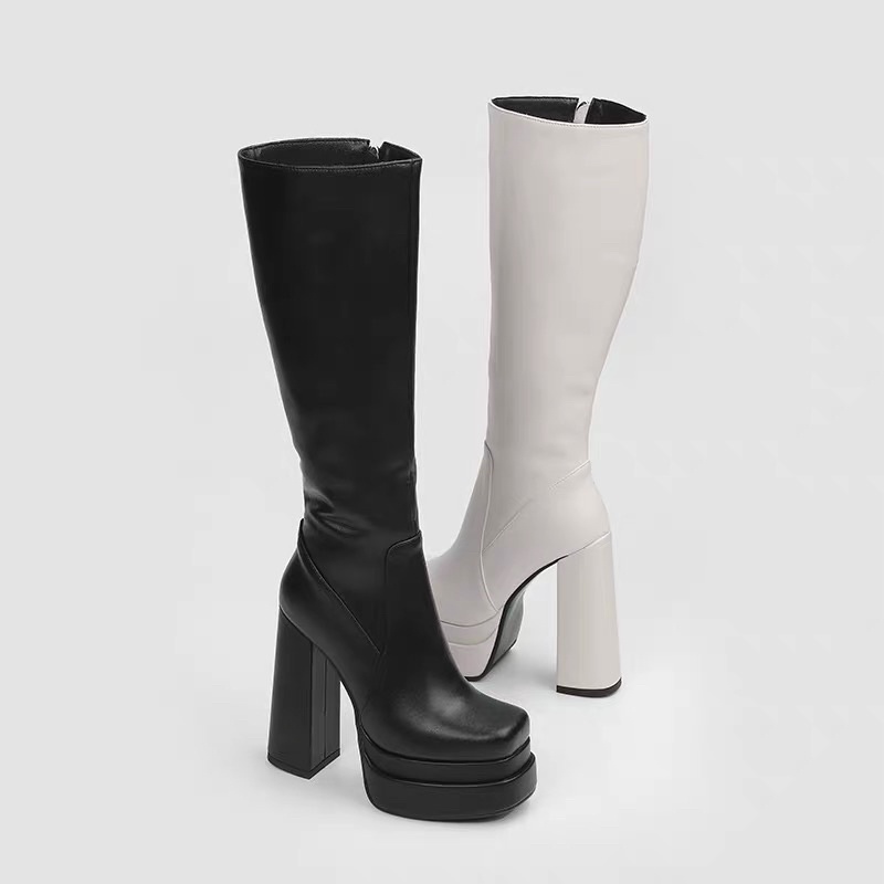 (lùi size)(có bigsize)-(sẵn 43 trắng / 36 37 38 đen)Boot SIEEU CAO DÀI cao gót đế 15 cm - có khoá kéo