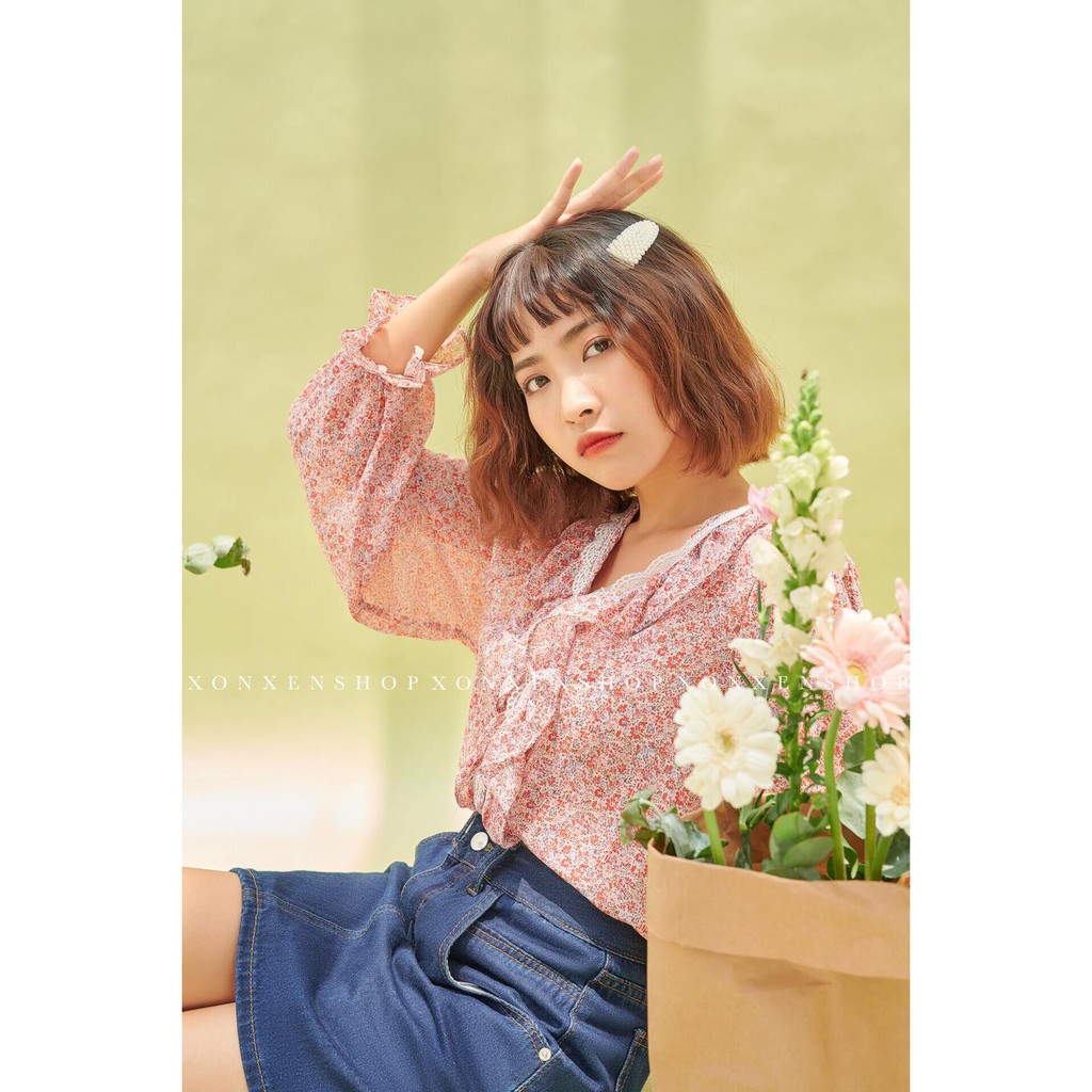 Áo kiểu hoa nhí viền ren chất vải voan nhẹ nhàng Xonxen shop free size mã 9033