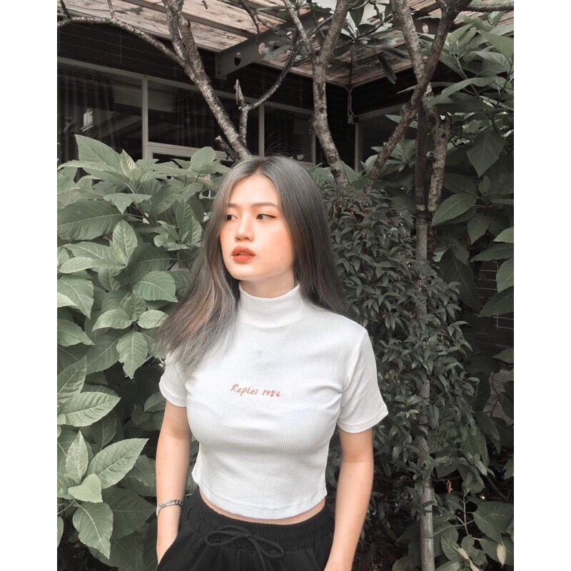 Áo croptop cổ cao 1986 dáng ôm body ngắn tay hack dáng | BigBuy360 - bigbuy360.vn