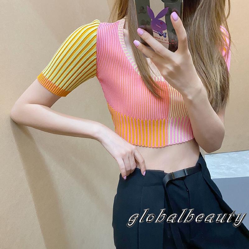 Áo dệt kim tay ngắn cổ tròn phối màu xinh xắn thời trang cho nữ