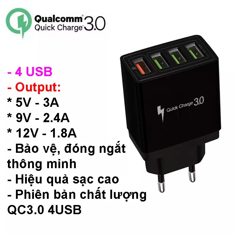 Củ Sạc Nhanh Qualcomm QC 3.0 (4 Cổng USB), Chip Thông Minh An Toàn cho đa dòng điện thoại, ipad (Q4)