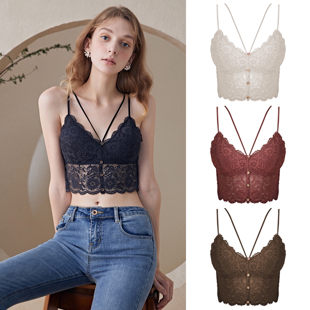 Áo lót nữ bra ren kèm mút ngực phối cúc dây chéo cao cấp