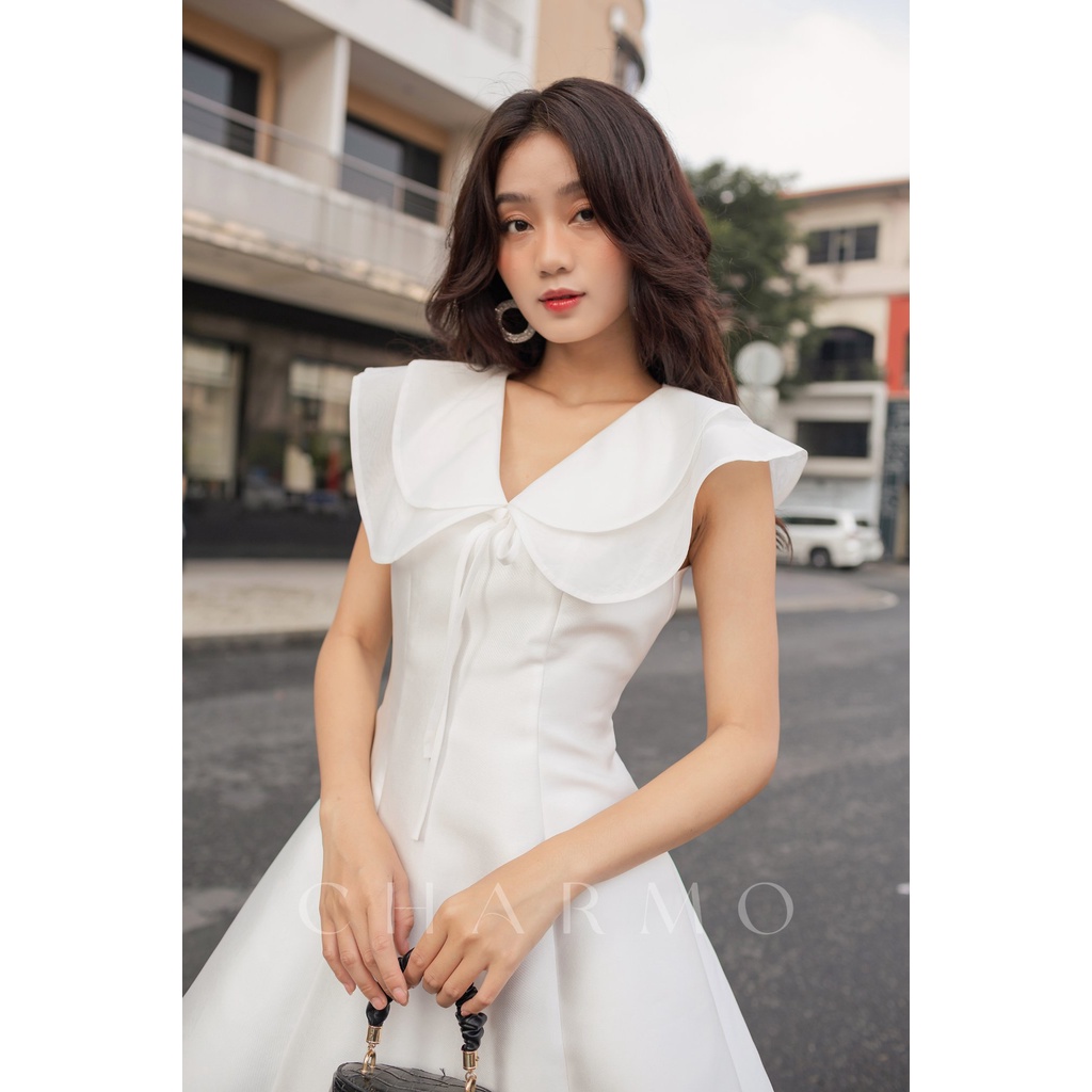 Đầm kiểu cổ tim CHARMO vải tapta, cổ phối cùng vol tơ ánh kim có độ phồng Mily Dress