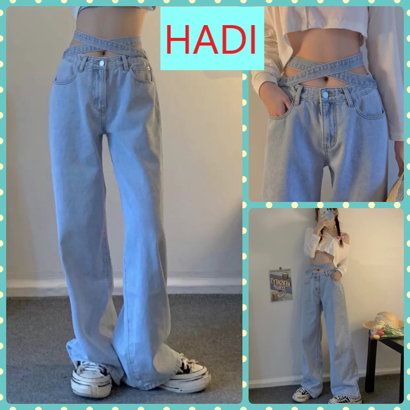 QUẦN JEANS ỐNG RỘNG NỮ LƯNG CAO LAI CUỐN PHỐI 2 DÂY CHÉO EO THẮT NƠ LƯNG SAU XANH NHẠT MỀM MỊN CAO CẤP HADI SIÊU NGẦU
