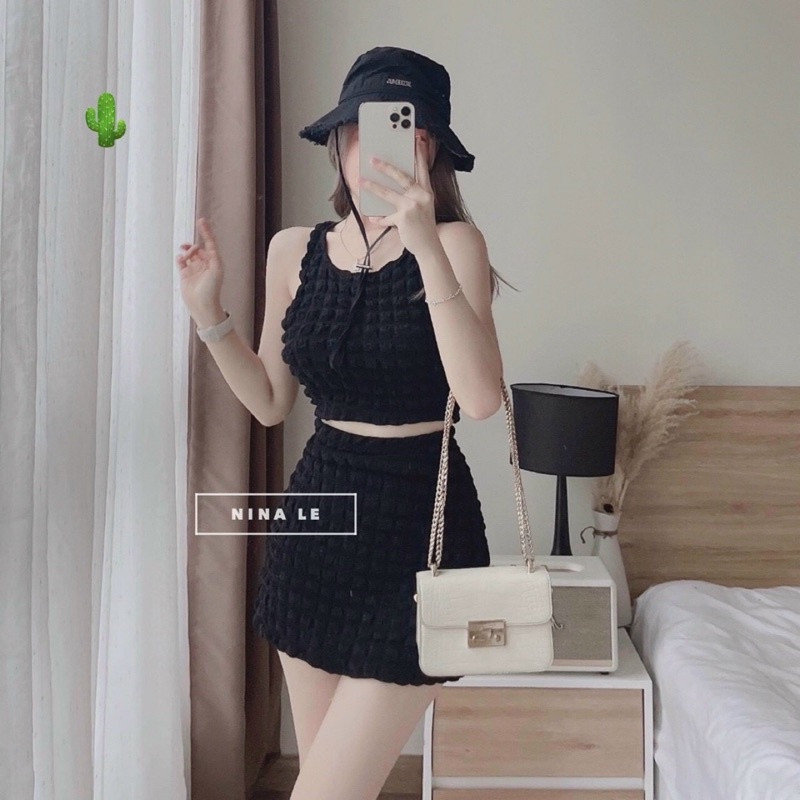 Set áo ba lỗ kèm chân váy chữ A ôm ba màu siêu cưng, Set bộ sát nách ALOHASHOP Set croptop chân váy vải xốp  PC