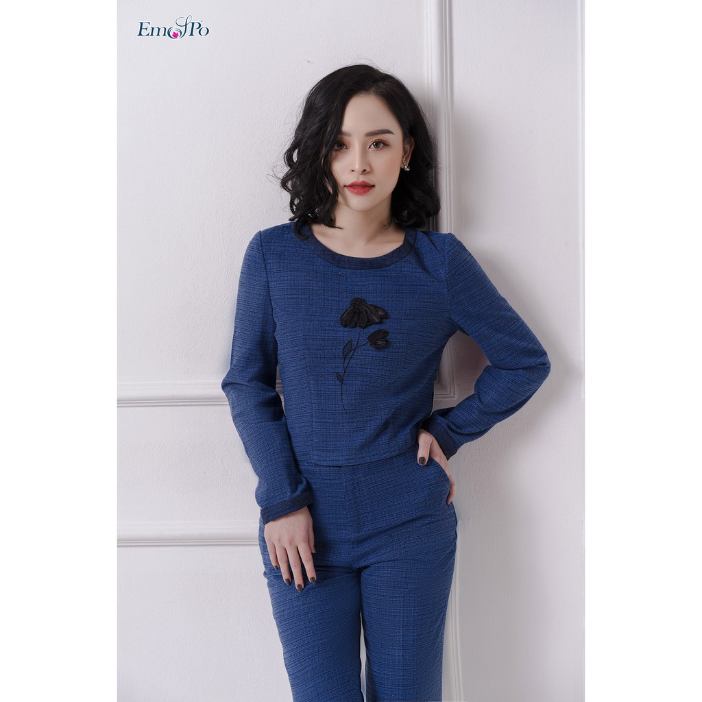[Mã LT50 giảm 50k đơn 250k] Áo sơ mi cổ tròn, đáp bọc ren, họa tiết hoa Emspo AG0001 (Xanh, Ghi)