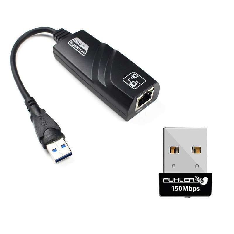 Combo Cáp chuyển đổi USB 3.0 to LAN Gigabit 100/1000 Mbps + USB Wifi Fuhler FH-150 Tốc Độ 150Mbps - Hàng Chính Hãng