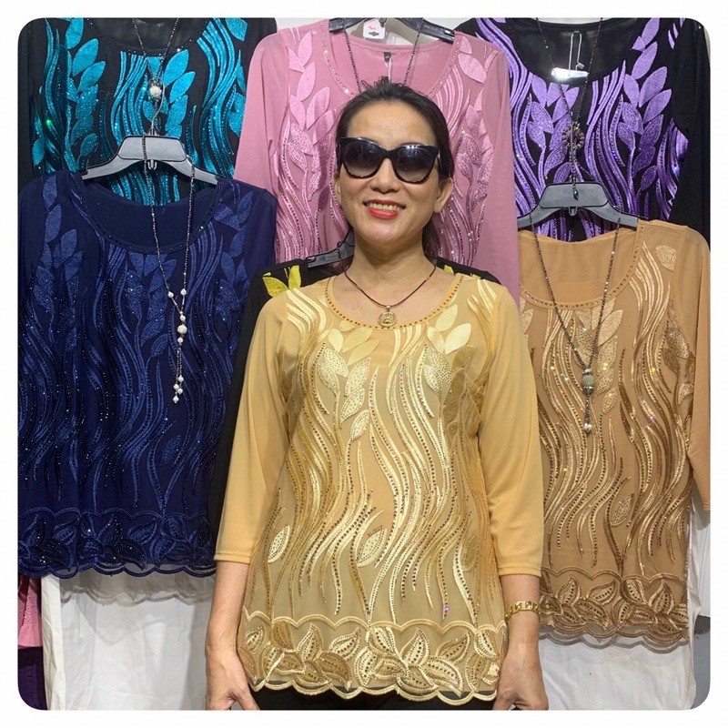 Áo thun voan trung niên cao cấp giao hoa văn ngẫu nhiên