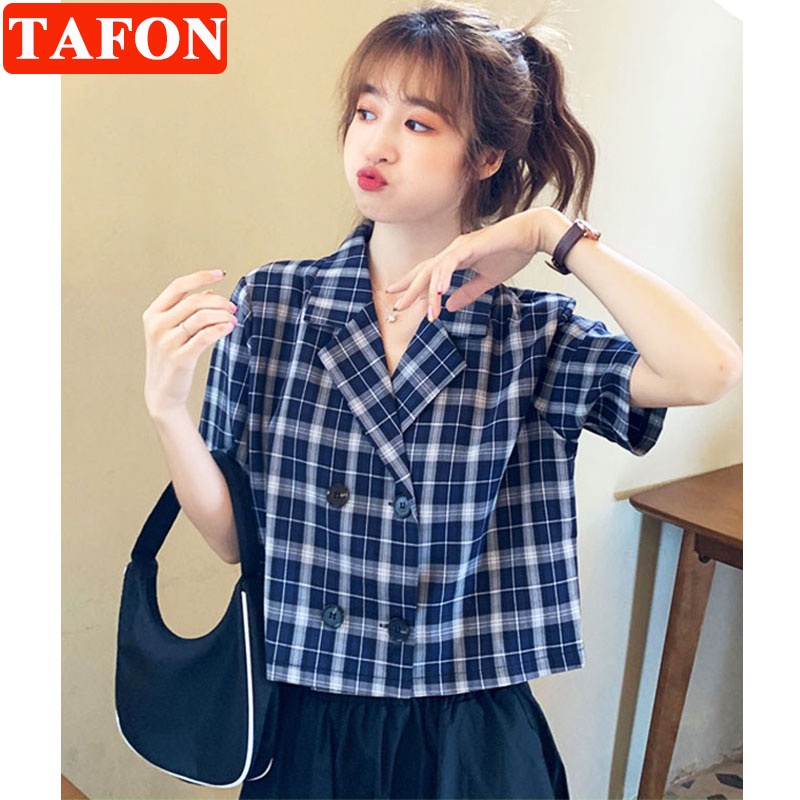 Áo Khoác Blazer Tay Ngắn Họa Tiết Sọc Caro Phong Cách Hàn Quốc
