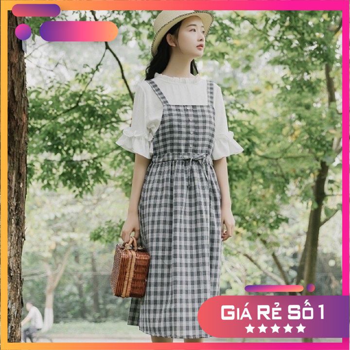 Váy Yếm Kẻ Caro Ulzzang Thắt Nơ Eo Hot Hít