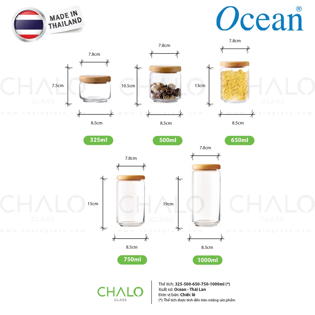 Lọ thủy tinh nắp gỗ Ocean Pop Jar đủ cỡ 325-500-650-750-1000ml