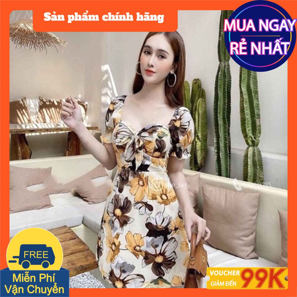 [CÓ SẴN] Đầm Xếp Ly Cột Nơ Hở Ngực chất liệu voan hoa chân váy nữ trắng đi biển dự tiệc bigsize giá rẻ đẹp