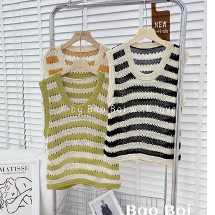 Áo len lưới kẻ viền hàng QC