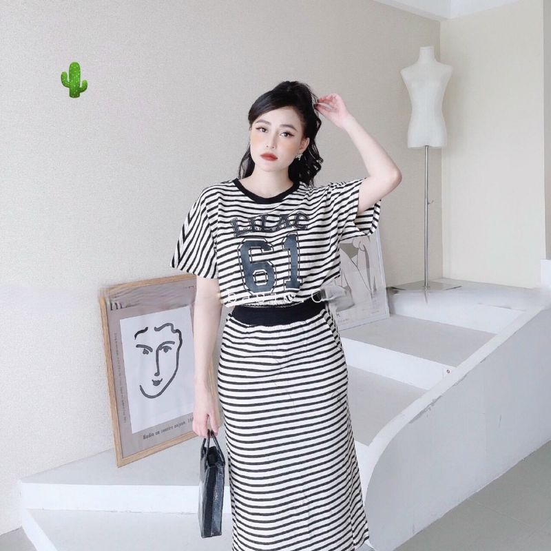 🍓Sét bộ áo croptop + chân váy sọc ngang. Mẫu thời trang hiện đại